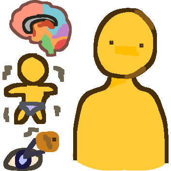 a person with a brain missing the corpus collosum, a baby spasming, and an eye with and arrow showing rentinal lacunes to the left